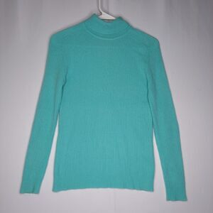 Dalton Cashmere Turtleneck Sweater Womens 34 Turquoise Rib Knit Zip Long Sleeve